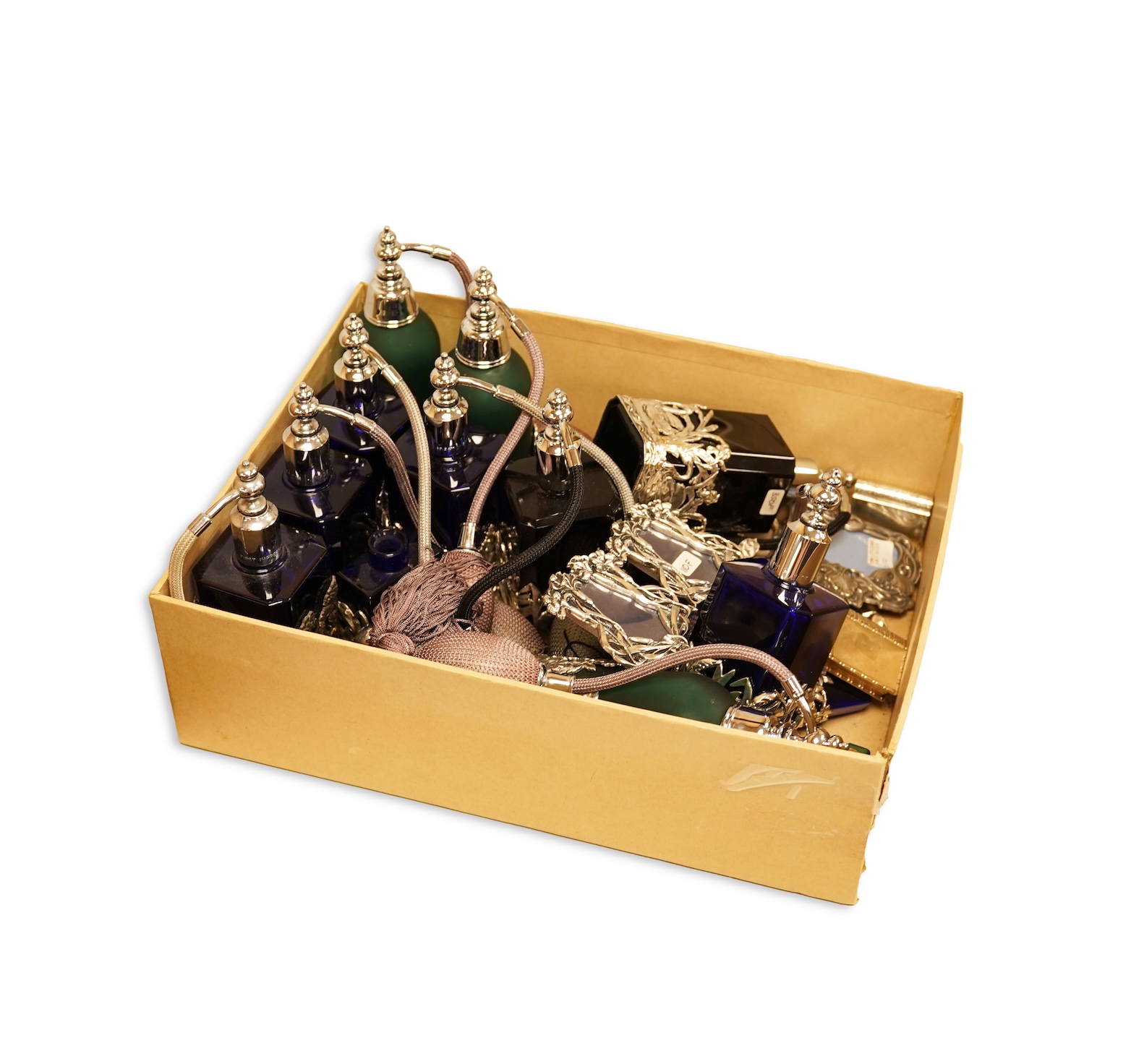 A collection of decorative glass and metal perfume bottles, miniature frames and pill boxes, green glass perfume bottle 15.5cm high.